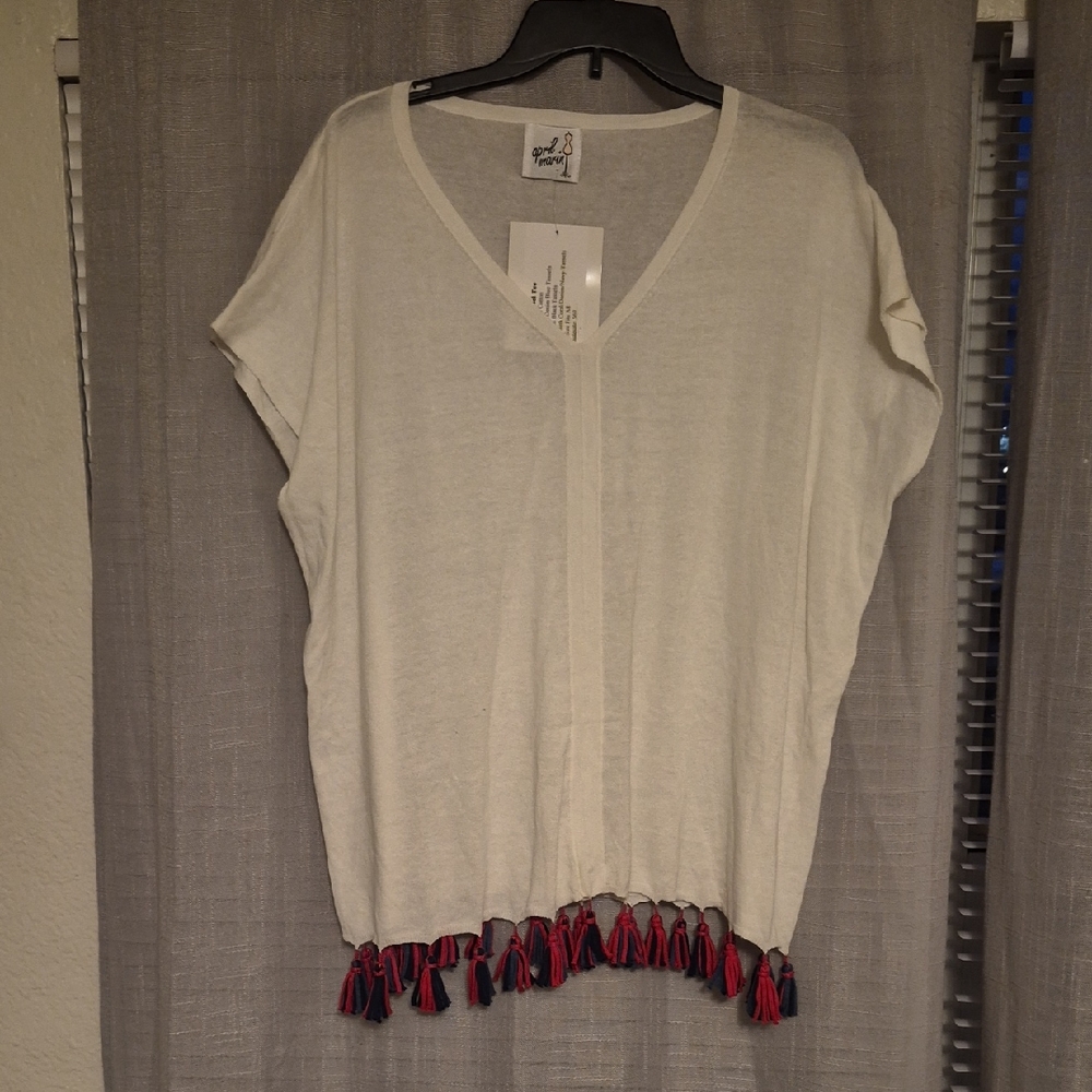 Elegant Ivory V-Neck Blouse with Tassel Accents
